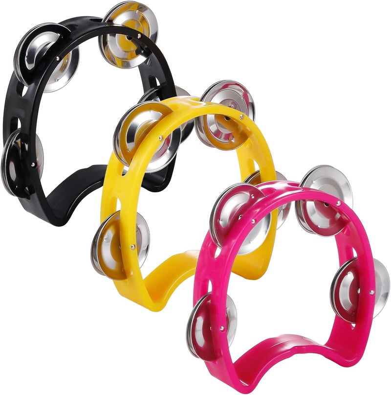 TENINYU Pack of 3 Half Moon Musical Tambourine, Double Row Metal 4 Jingle Bells Mini Hand Held Percussion Drum with Ergonomic Handle Grip (Black & Pink & Yellow) - Image 1